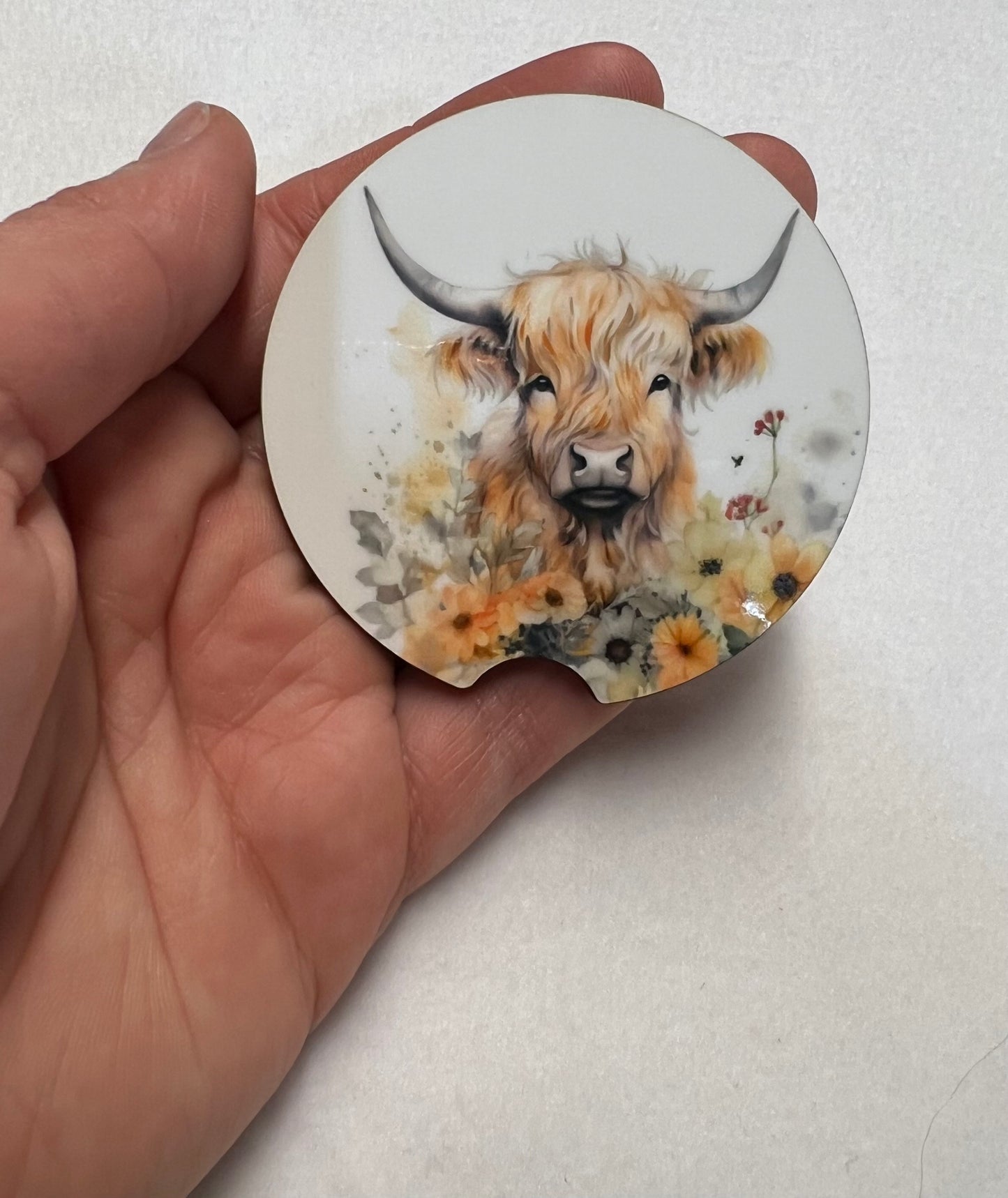 Car coasters Highland Cow Baby Orange Flowers