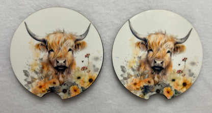 Car coasters Highland Cow Baby Orange Flowers